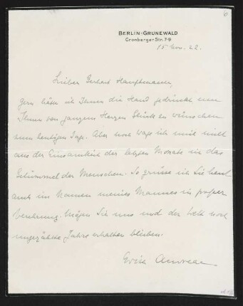 Brief von Edith Andreae an Gerhart Hauptmann