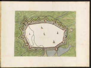 Festungsplan von Mons in Belgien, kolorierter Kupferstich, 1649? : Mons / [Amsterdam] : [Joan Blaeu], [1649] ?. -1 Pl. : Kupferst. ; 41.0 x 30,1 cm -
