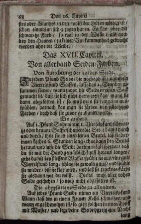 Das XVII. Capitel. Von allerhand Seiden-Farben. Von Zurichtung der rothen Seide.