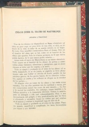 Ensayo sobre el teatro de Maeterlinck : (Alladine y Palomides)