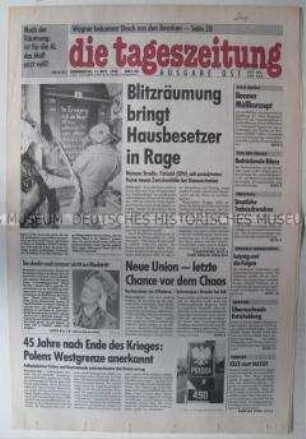 Fragment der Ost-Ausgabe der "tageszeitung" u.a. zur Räumung besetzter Häuser durch die Polizei in Ost-Berlin und zur Anerkennung der Oder-Neiße-Grenze durch die Bundesregierung