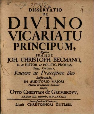 Dissertatio De Divino Vicariatu Principum