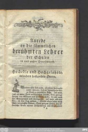Anrede an die sämmtlichen berühmten Lehrer der Schulen in und außer Deutschland.