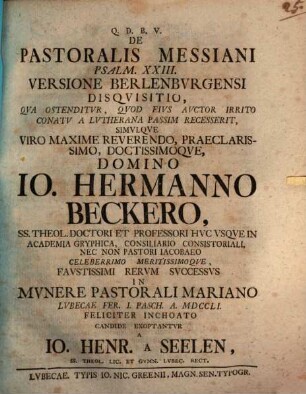 De pastoralis Messiani Ps. 23. versione Berlenburgensi disquisitio
