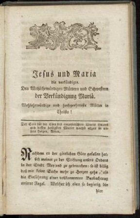 Jesus und Maria die verkündigt. Den Wohlehrwürdigen Müttern und Schwestern der Verkündigung Mariä.