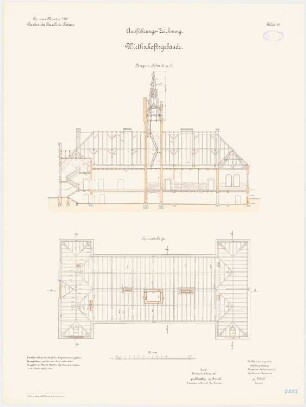 Kavalleriekaserne, Münster: Wirtschaftsgebäude: Grundriss Sparrenlage, Längsschnitt 1:100
