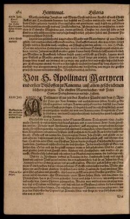 Von S. Apollinari Martyrern und ersten Bischoffen zu Ravenna/ ...