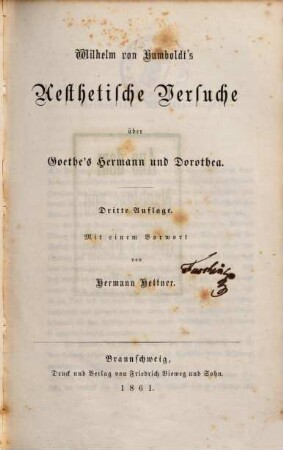 Wilhelm von Humboldt's Aesthetische Versuche über Goethes Hermann und Dorothea