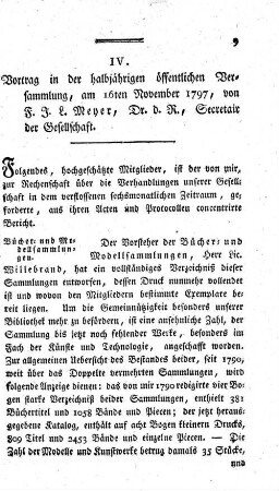 IV. Vortrag in der halbjährigen öffentlichen Versammlung, am 16ten November 1797