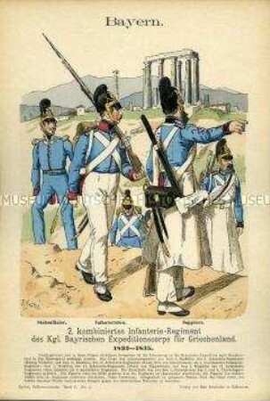 Uniformdarstellung, Stabsoffizier, Gemeine und Sappeur der Infanterie des Expeditions-Korps in Griechenland, Königreich Bayern, 1832/1835.