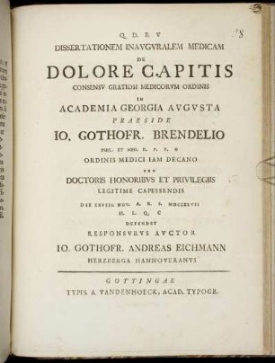 Dissertationem Inauguralem Medicam De Dolore Capitis