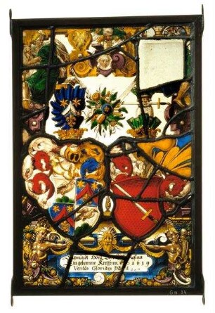 Kabinettscheibe mit Allianzwappen des Nürnberger Patriziers Sigmund Hörl und seiner Frau Dorothea Rosina Kress umgeben von allegorischen Figuren und grotesken Ornamenten