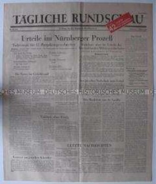 Sowjetische Tageszeitung für die deutsche Bevölkerung "Tägliche Rundschau" zur Urteilsverkündigung in Nürnberg