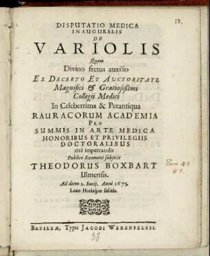 Disputatio Medica Inauguralis De Variolis