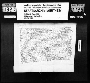 Abt Johann von Bronnbach vidimiert eine Urkunde des Grafen Thomas von Wertheim, Domherr zu Bamberg von 1415 Okt. 25 (StAWt-G Rep. 100 U 1415 Okt. 25).