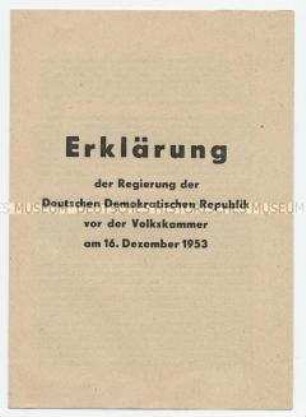 Flugschrift mit dem Wortlaut einer Erklärung der Volkskammer zu einem geplanten Außenministertreffen der Alliierten in Berlin
