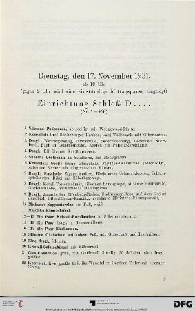 Einrichtung Schloß D. (Nr. 1-460)
