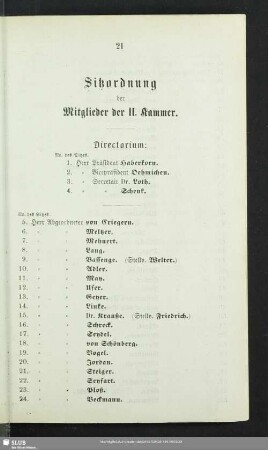 Sitzordnung der Mitglieder der II. Kammer