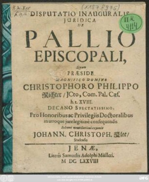 Disputatio Inauguralis Iuridica De Pallio Episcopali