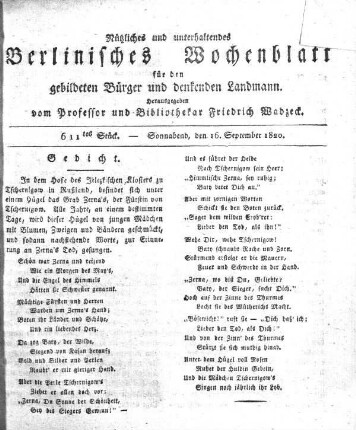 611tes Stueck, Sonnabend, den 16. September 1820