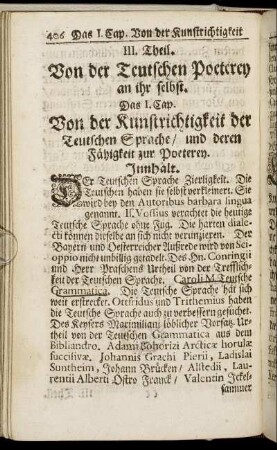 III. Theil. Von der Teutschen Poeterey an ihr selbst.