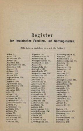 Register der lateinischen Familien- und Gattungsnamen
