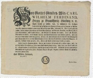 Bedingte Freigabe der Ausfuhr durch Herzog Carl Wilhelm Ferdinand zu Braunschweig-Lüneburg