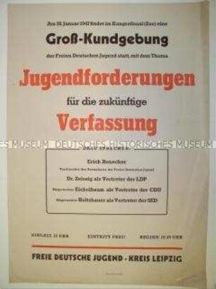 Maueranschlag der FDJ Leipzig mit Ankündigung einer Kundgebung zu Jugendforderungen für eine zukünftige Verfassung