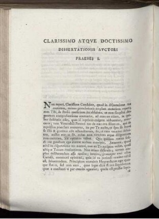 Clarissimo Atque Doctissimo Dissertationis Auctori Praeses S.