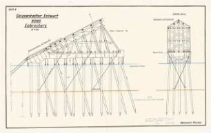 Behelfsmäßige Wiederherstellung einer kriegszerstörten Gebirgs-Eisenbahn Schinkelwettbewerb 1941: Brücke: Eisbrecher. Schnitte 1:50