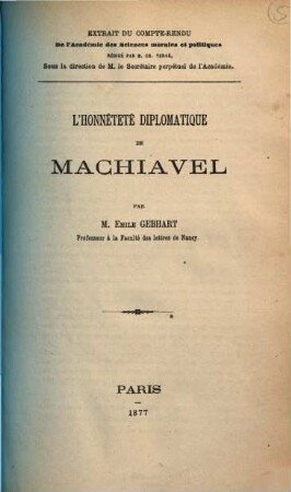 L' Honnêteté diplomatique de Machiavel
