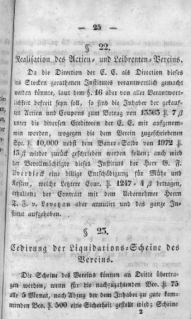 § 23. Cedirung der Liquidations-Scheine des Vereins.
