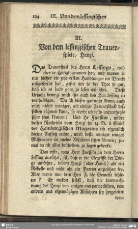 III. Von dem lessingischen Trauerspiele, Henzi