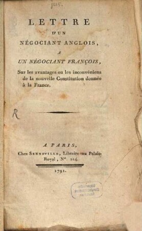 Lettre d'un négociant anglais à un négociant francais