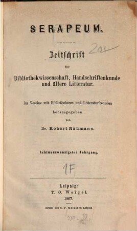 Serapeum : Zeitschrift für Bibliothekwissenschaft, Handschriftenkunde und ältere Literatur, 28. 1867