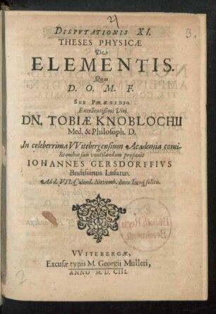 Disputationis XI. Theses Physicae De Elementis