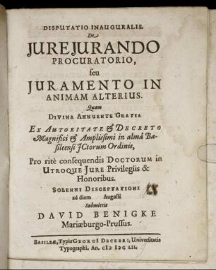 Disputatio Inauguralis. De Iureiurando Procuratorio, seu Iuramento In Animam Alterius