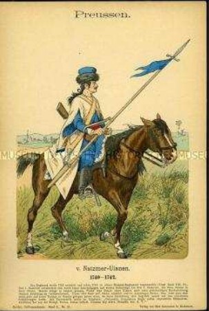 Uniformdarstellung, Gemeiner des Ulanen-Regiments "von Natzmer", ab 1742 Husaren-Regiment H4, Königreich Preußen, 1740/1742.