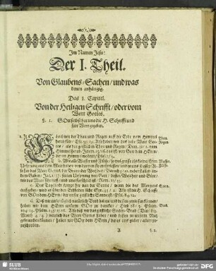Der I. Theil. Von Glaubens-Sachen, und was denen anhängig