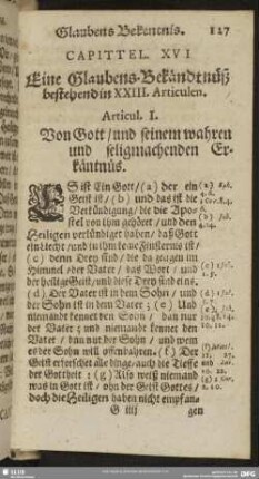 Capittel XVI. Eine Glaubens-Bekändtnüß bestehend in XXIII. Articulen