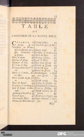 Table De L'Histoire De La Sainte Bible.