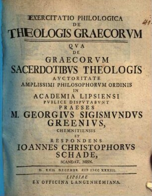 Exercitatio philol. de theologis Graecorum, qua de Graecorum sacerdotibus theologis