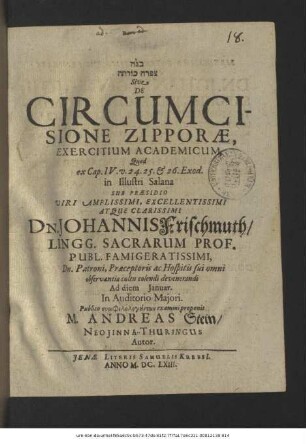 [...] Sive De Circumcisione Zipporae, Exercitium Academicum