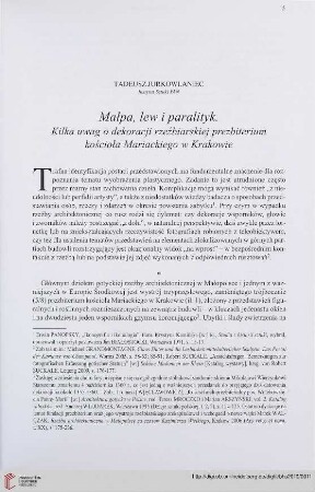 72: Małpa, lew i paralityk : kilka uwag o dekoracji rzeźbiarskiej prezbiterium kościoła Mariackiego w Krakowie