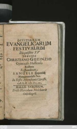 Divitiarum Evangelicarum Festivalium Disquisitio XV