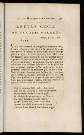 341-362, Lettre CLXIII. du Marquis D'Argens.-Lettre CLXXIII. du Marquis D'Argens.