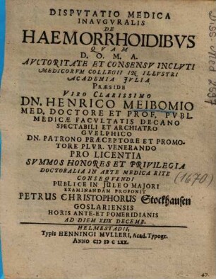 Dispvtatio Medica Inavgvralis De Haemorrhoidibvs