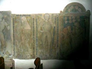 Langhaus Innen-Epitaphe und Grabsteine der Truchsessen von Wetzhausen im Süden (11-13) - gehaltvolle Steinmetzarbeiten der Spätgotik-Renaissance mit Personendarstellung und Umschrift