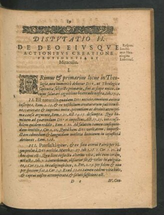 Disputatio II. De Deo Eiusque Actionibus Creatione Providentia Et Miraculis. Respon. Joachimus Henningius