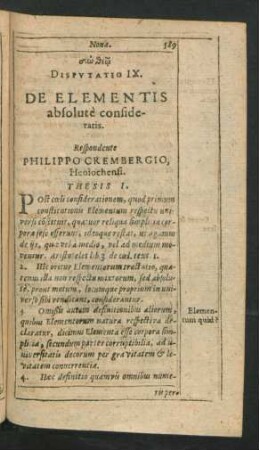 Disputatio IX. De Elementis absolute confideratis. Respondente Philippo Crembergio